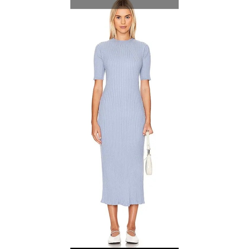 Varley Maeve Rib Knit Midi Dress Blue Mock Neck Short Sleeve VAR01787 Medium